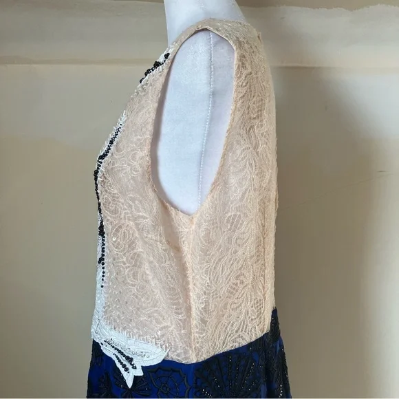 Emilio Pucci Blush Lace Beaded Bird Sleeveless Blue Scallop Shell Dress size 14 - Picture 9 of 15